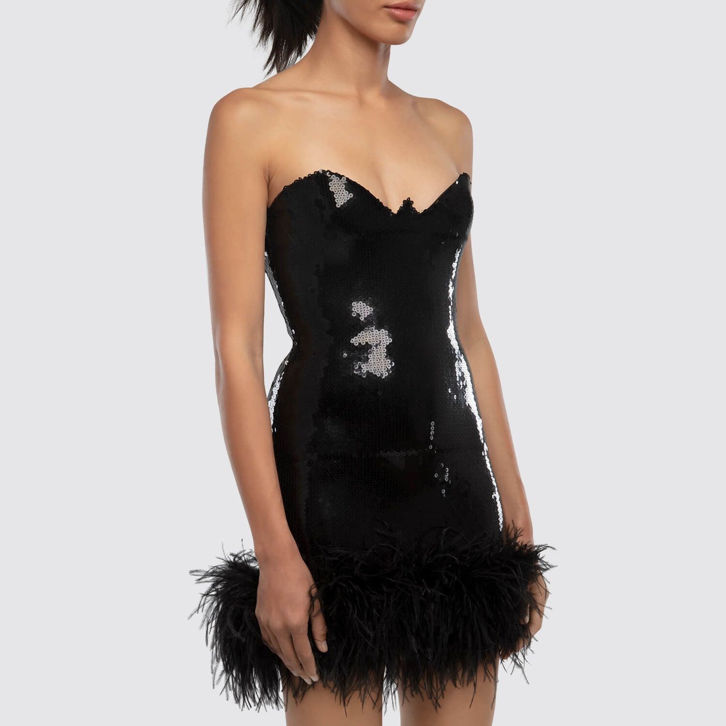 One Sleeve Sequin Feather Dress Black HV9078