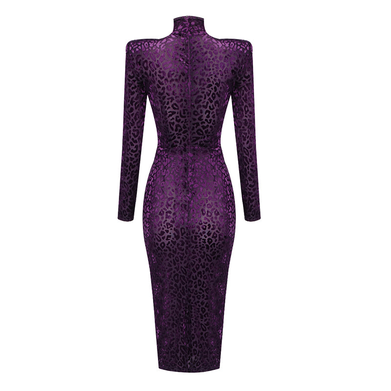 Long Sleeve Animal Print Midi Velvet Dress HV7605
