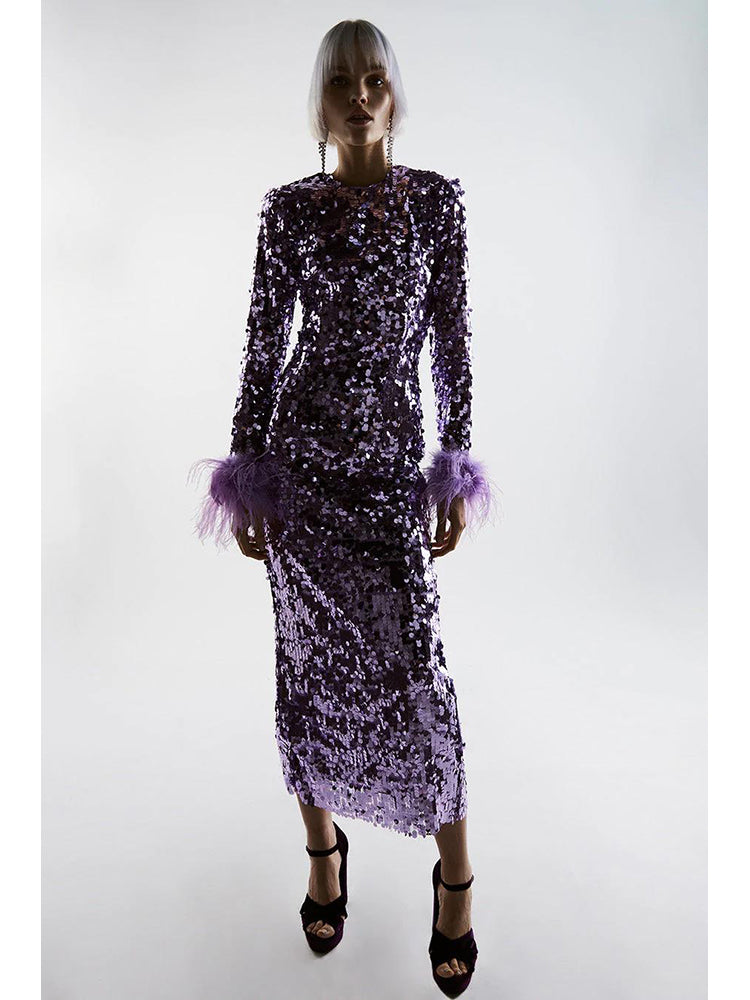 Long Sleeve Feather Sequin Midi Dress HV8915
