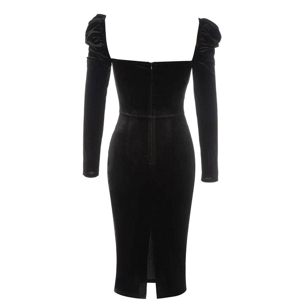 Puff Long Sleeve Mesh Midi Velvet Dress HV9013