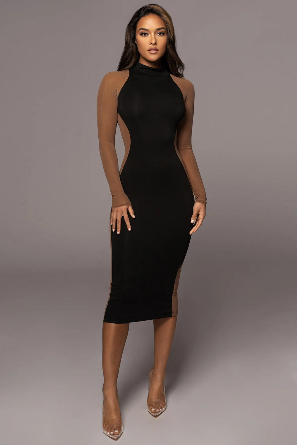 Long Sleeve Mesh Insert Midi Dress V8992