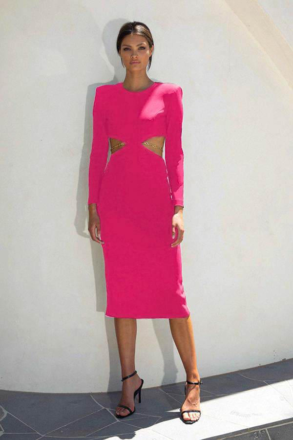 Long Sleeve Backless Chain Midi Dress HV7850