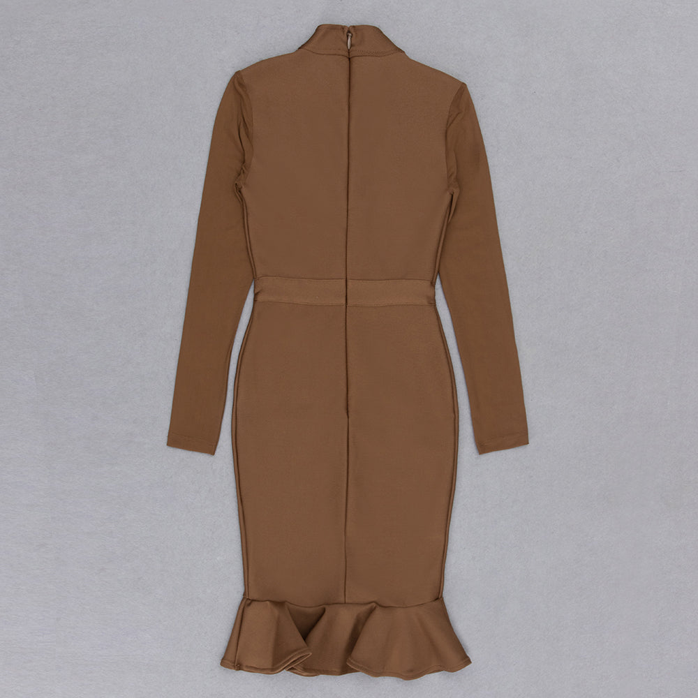 Mesh Long Sleeve Ruffle Midi Dress V9016