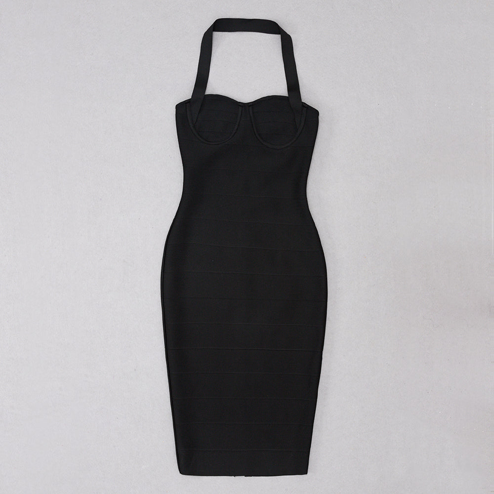 Halter Ribbed Bustier Midi Dress HV8719