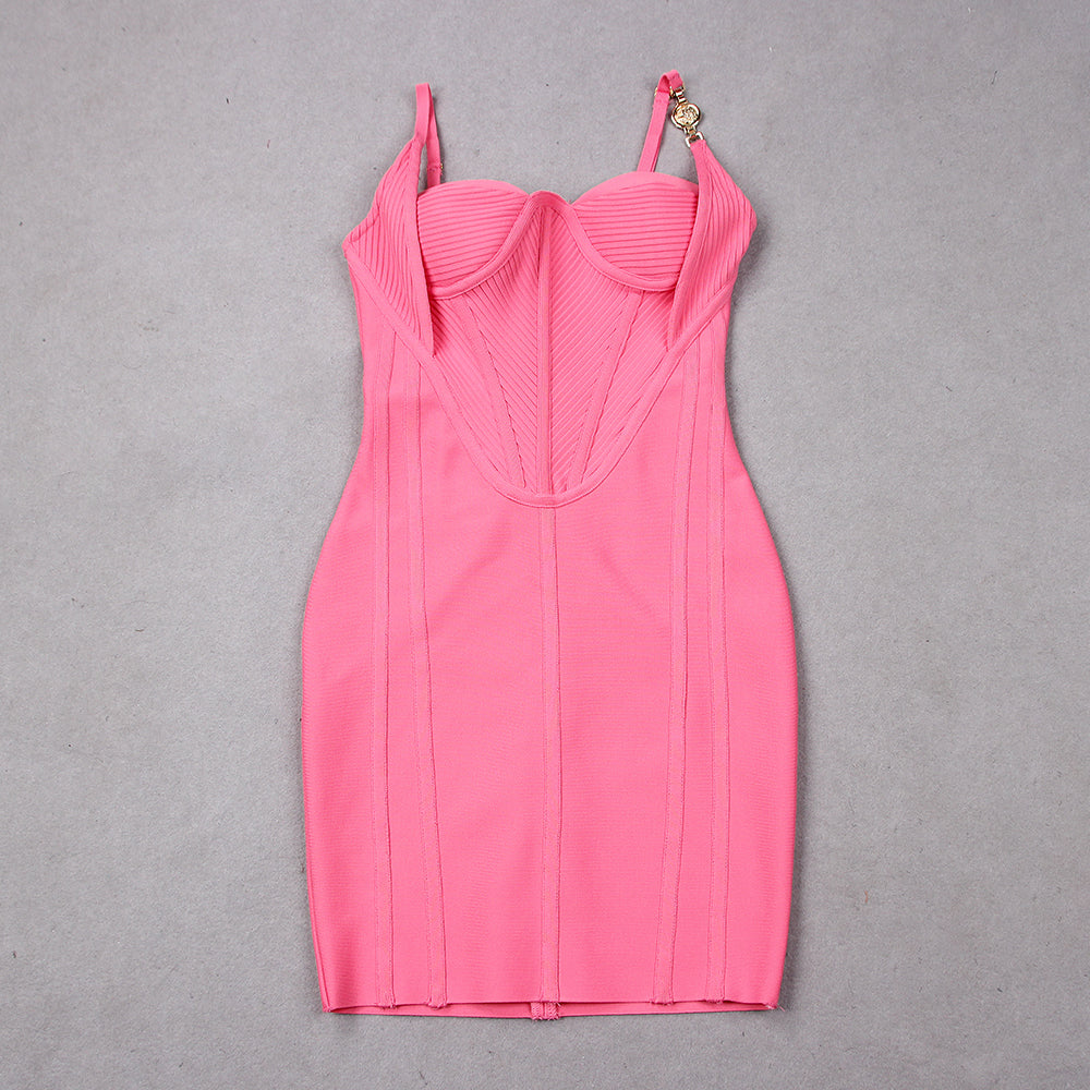 Ribbed Bustier Structured Dress Hot Pink HV8928B