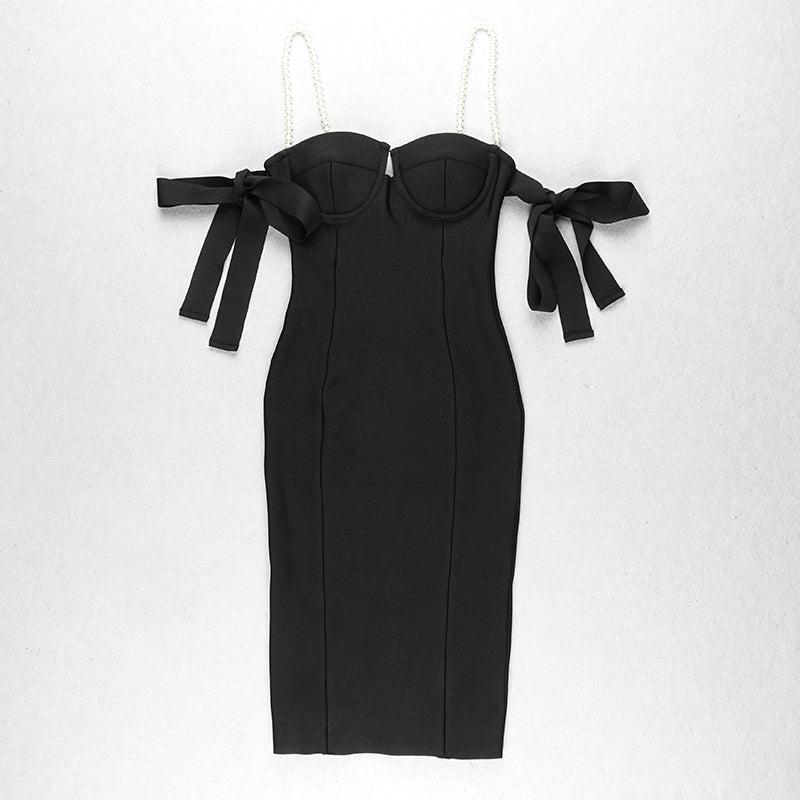 Pearl Strap Bardot Bustier Midi Dress HV6523