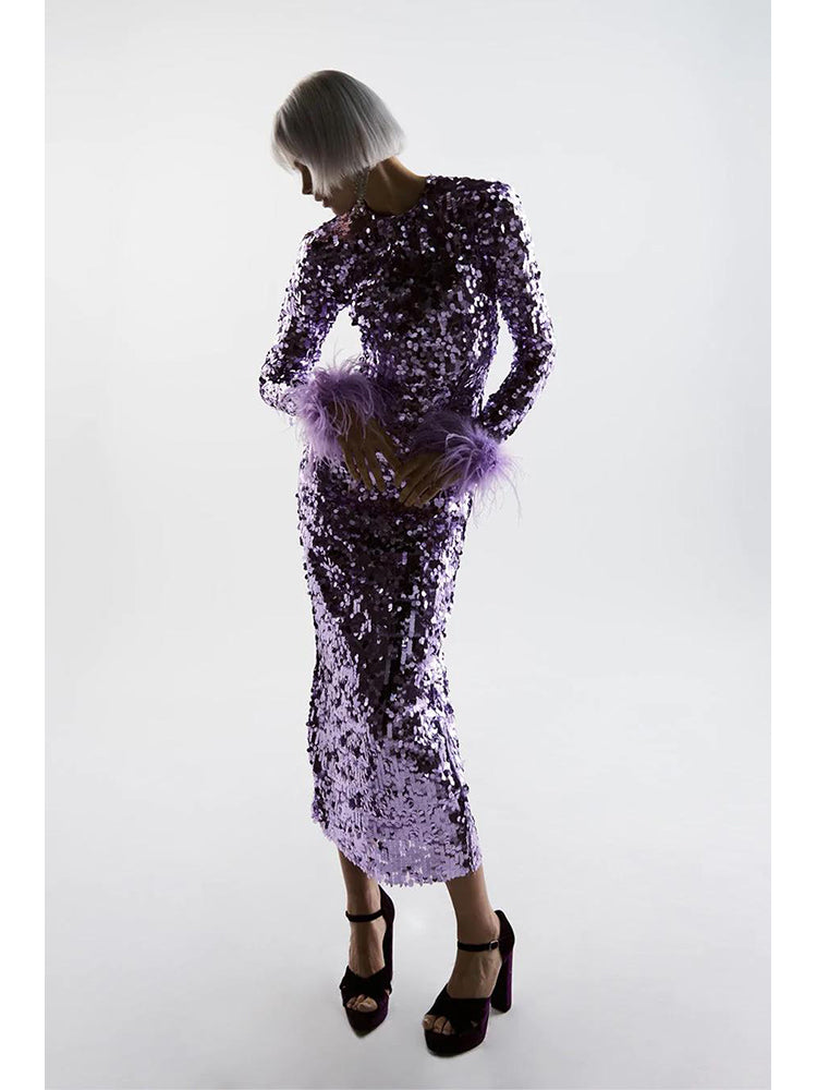 Long Sleeve Feather Sequin Midi Dress HV8915