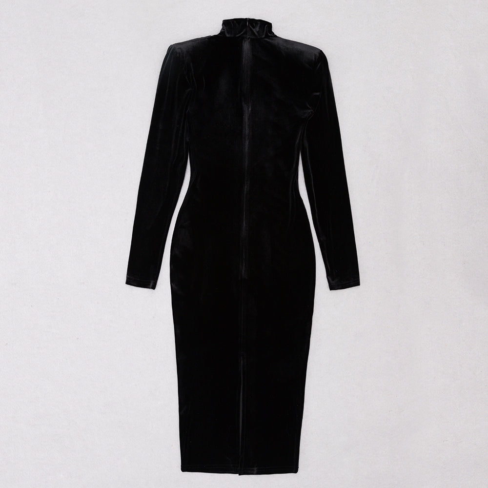 Long Sleeve Lace Insert Midi Velvet Dress V8889