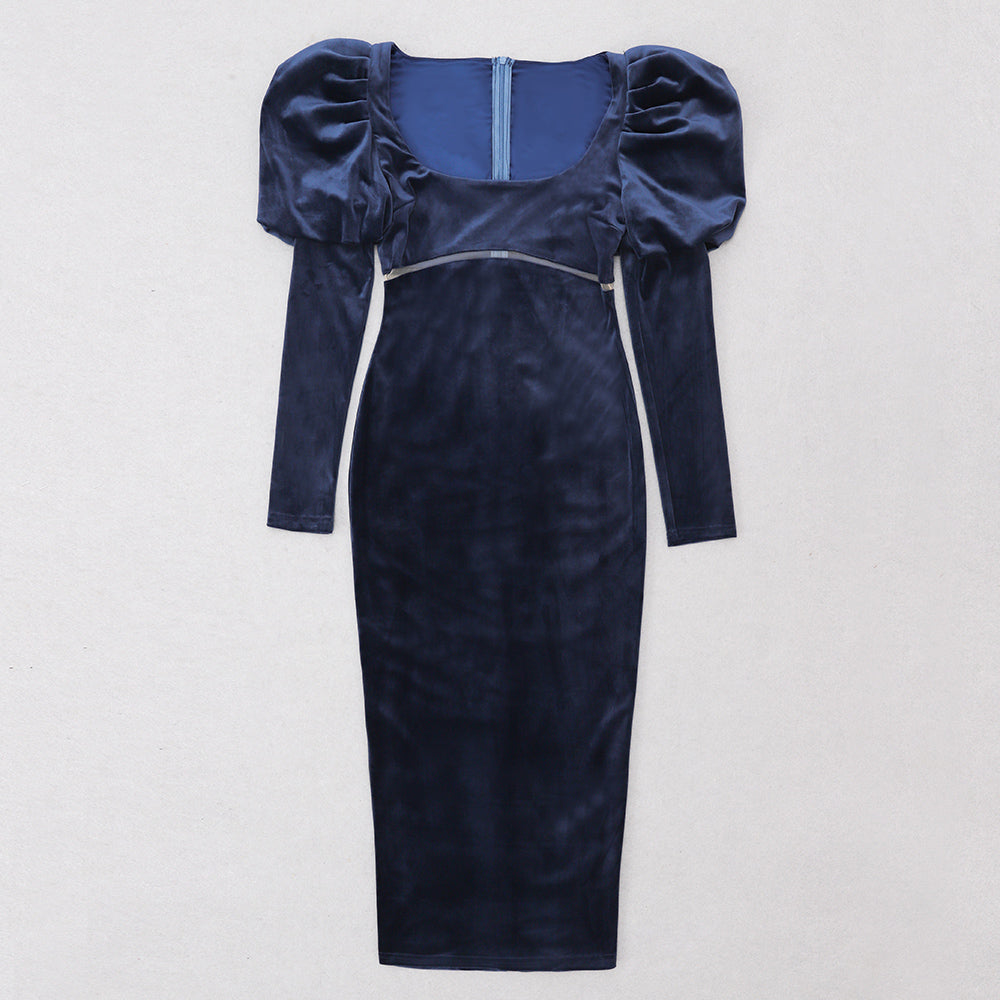 Puff Long Sleeve Mesh Midi Velvet Dress
