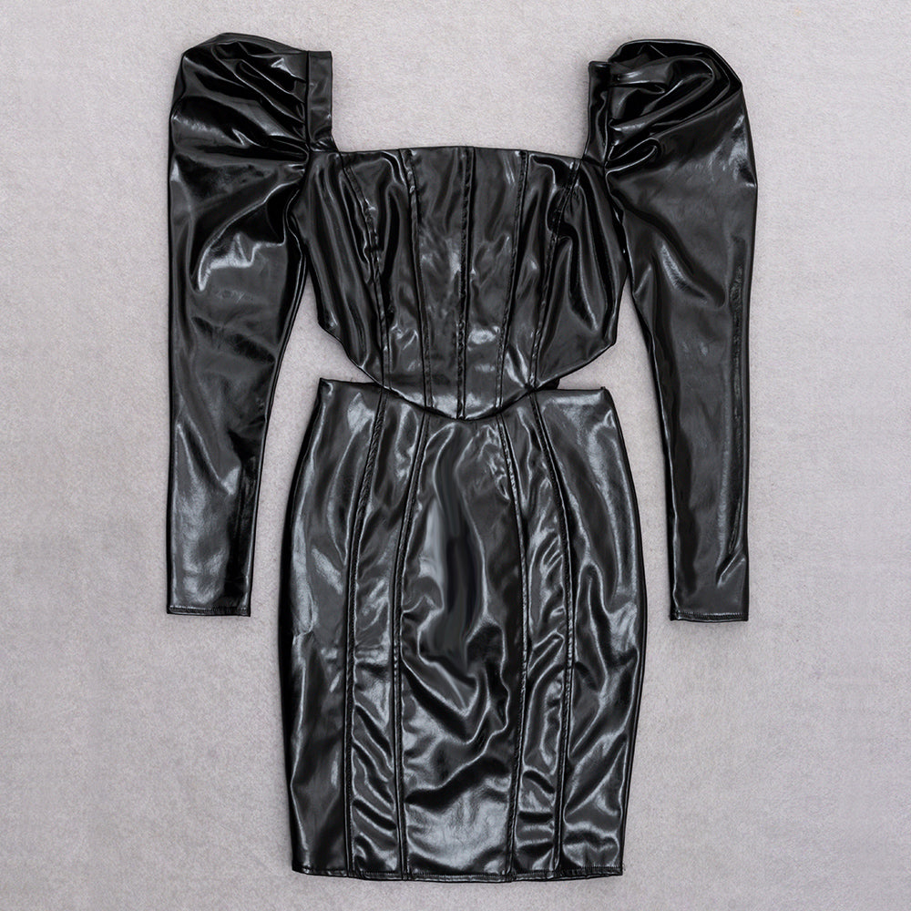 Puff Long Sleeve Faux Leather Dress HV9068