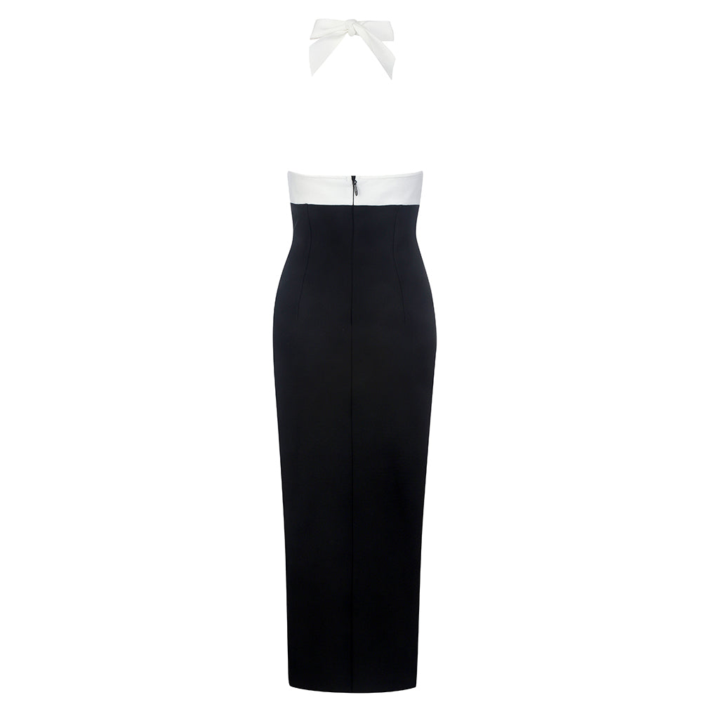 Halter Lace Insert Corset Midi Dress Black White HV8205