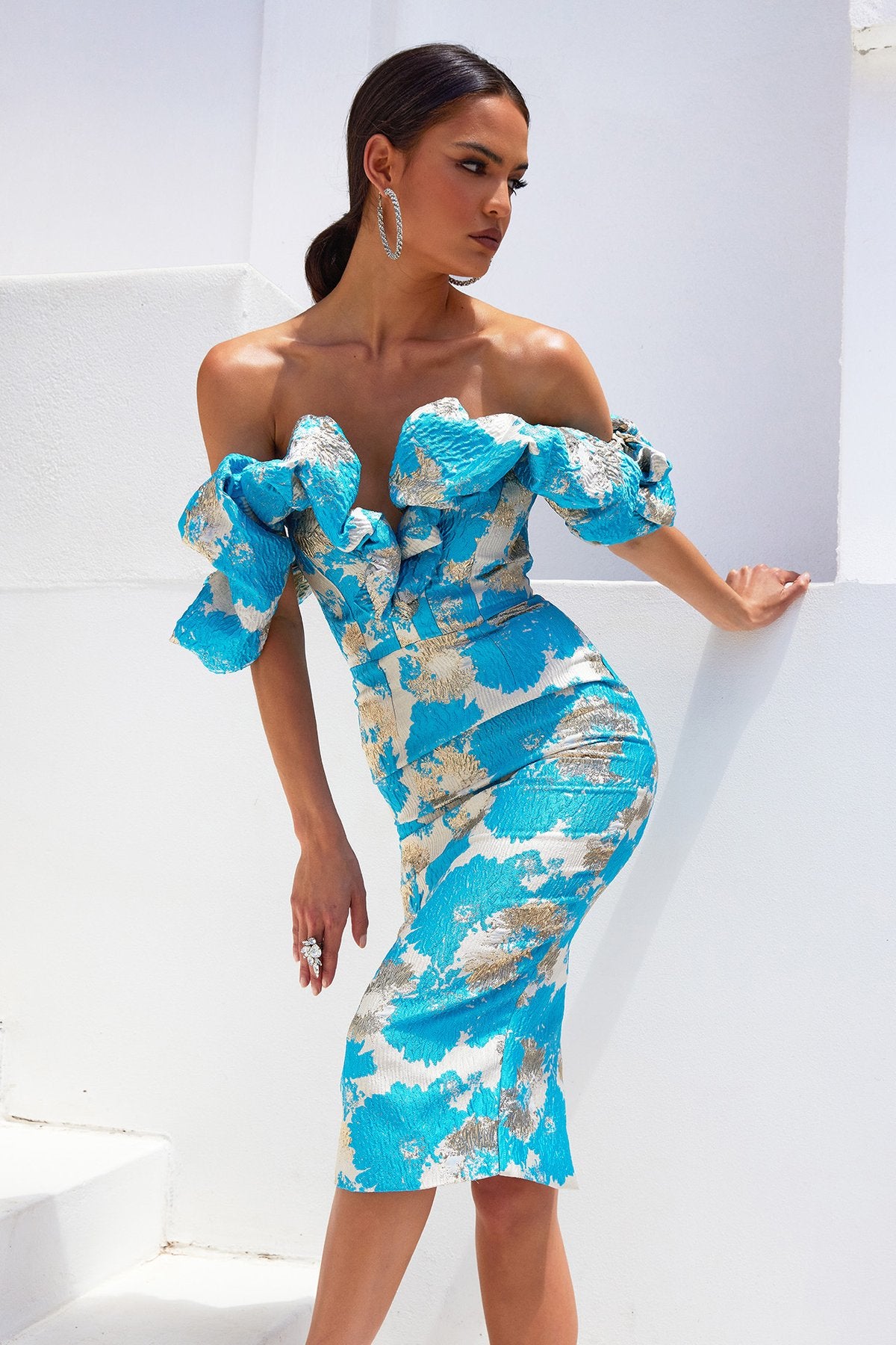 Puff Off The Shoulder Midi Dress Blue HV8487