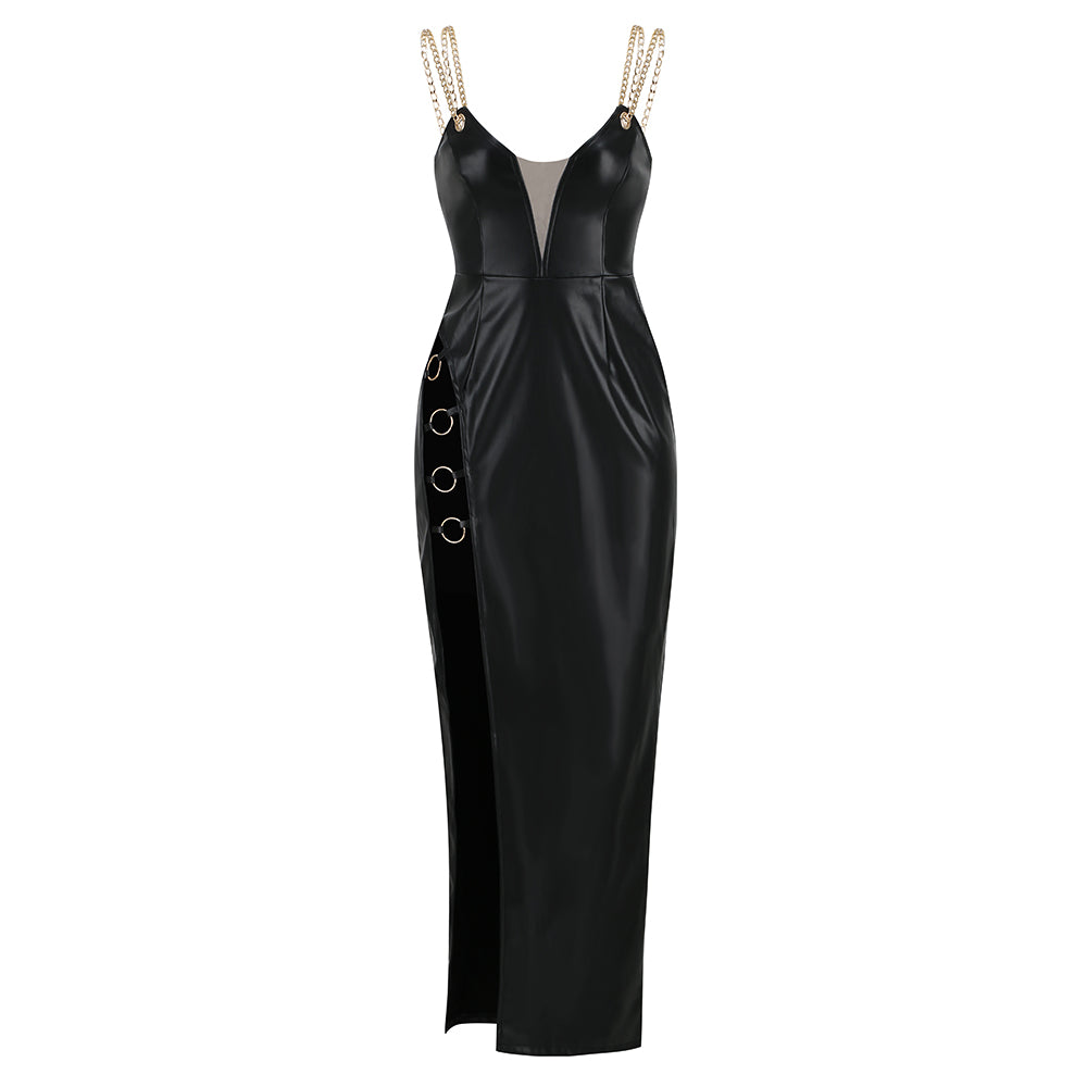 Chain Straps Maxi Faux Leather Dress HV8725