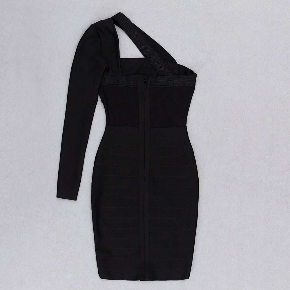 One Sleeve Mesh Insert Dress Black V9011