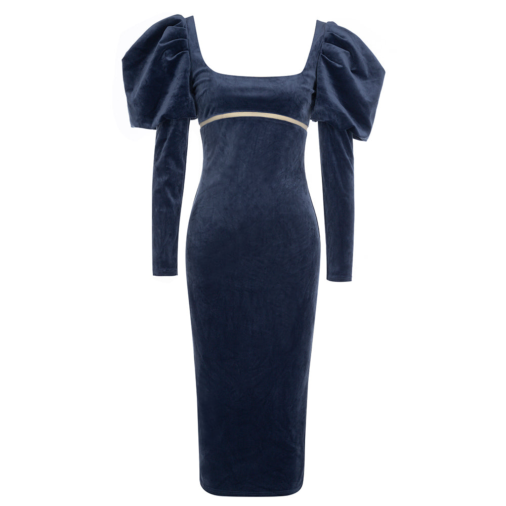 Puff Long Sleeve Mesh Midi Velvet Dress