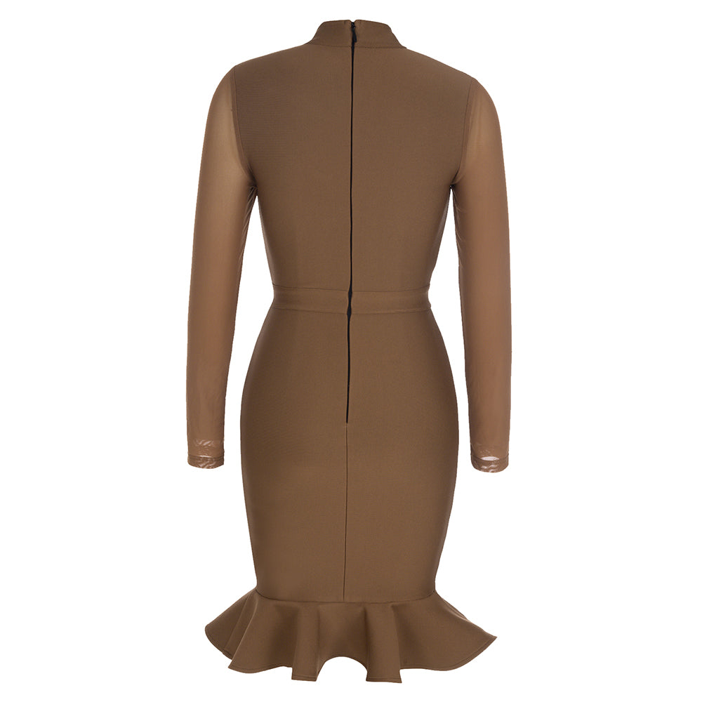 Mesh Long Sleeve Ruffle Midi Dress V9016