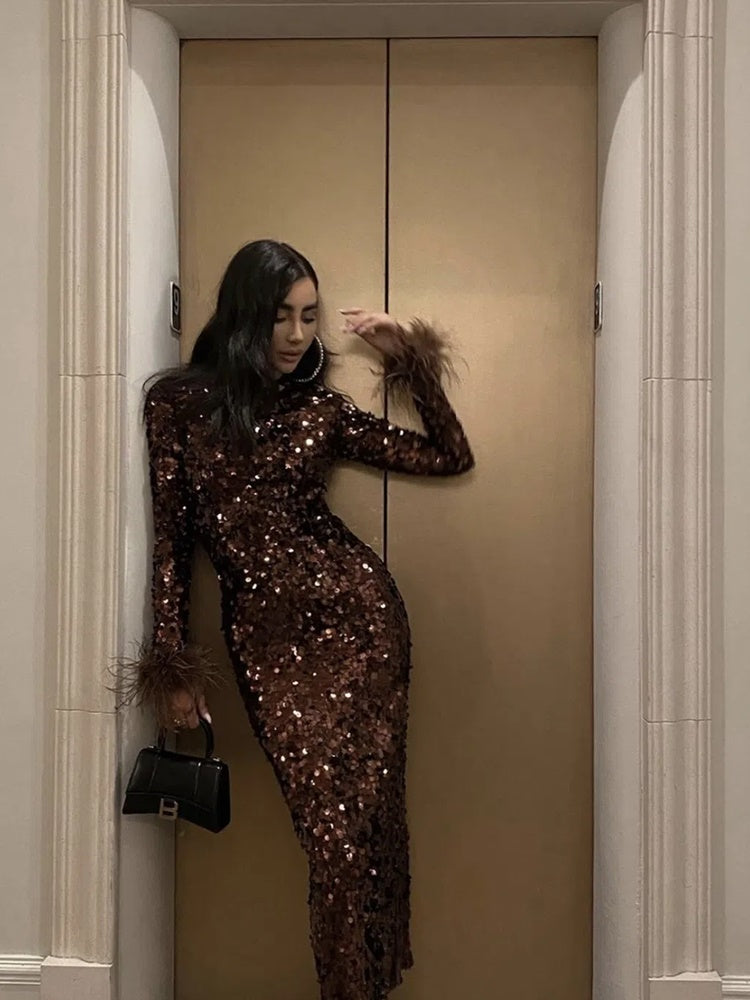 Long Sleeve Feather Sequin Midi Dress HV8915