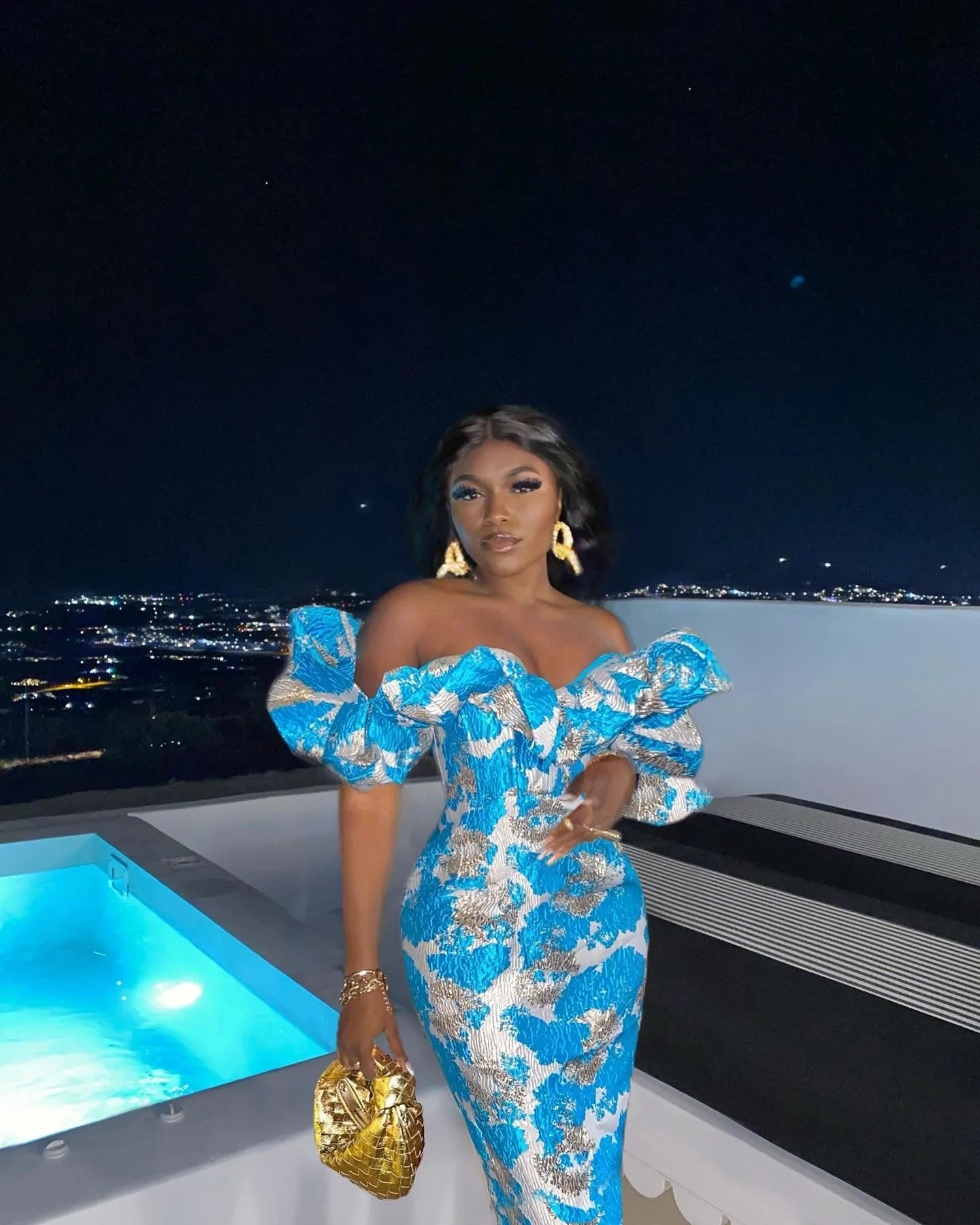 Puff Off The Shoulder Midi Dress Blue HV8487