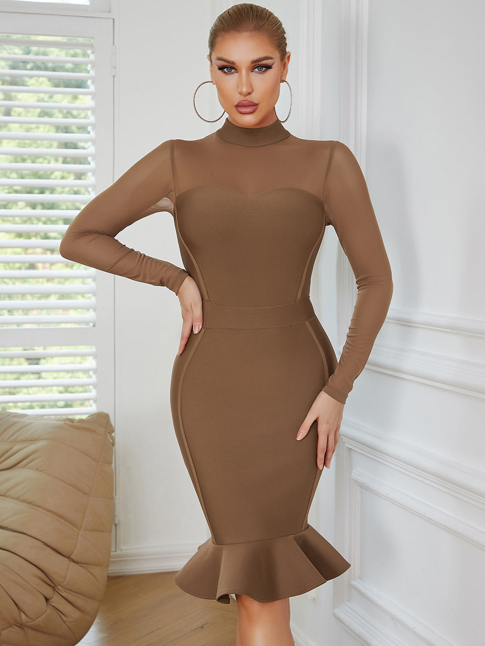 Mesh Long Sleeve Ruffle Midi Dress V9016