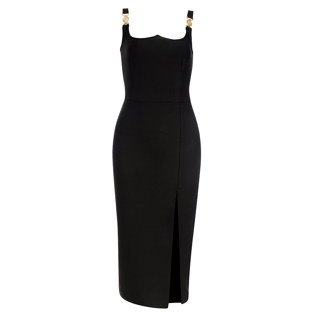 W Neck Split Midi Dress Black HV8527