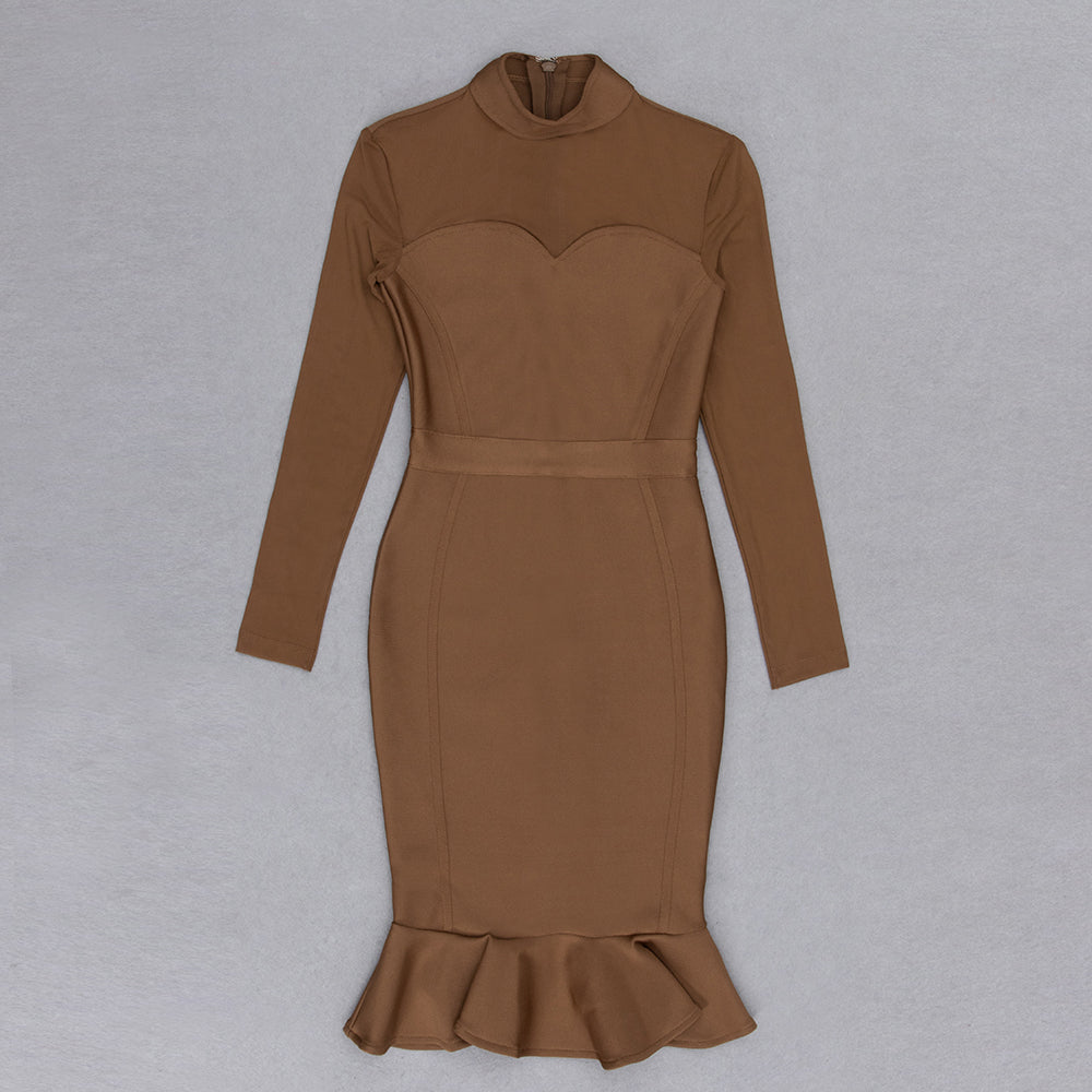 Mesh Long Sleeve Ruffle Midi Dress V9016