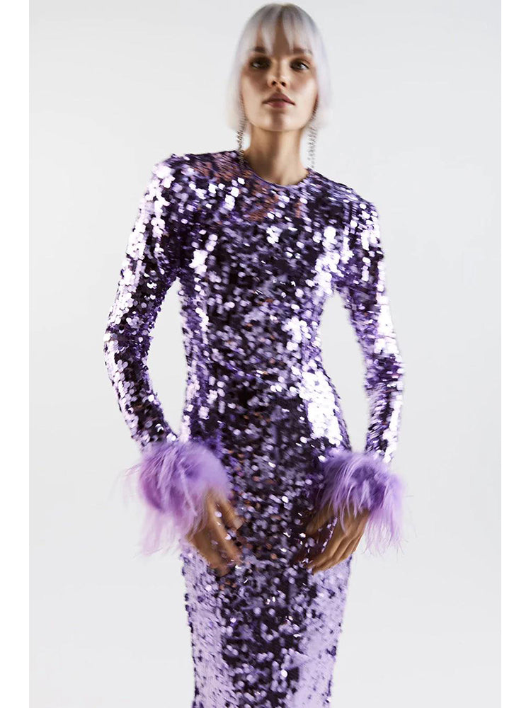 Long Sleeve Feather Sequin Midi Dress HV8915