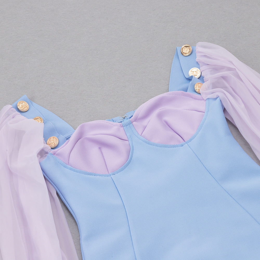 Puff Long Sleeve Bustier Dress Blue Purple V8048B