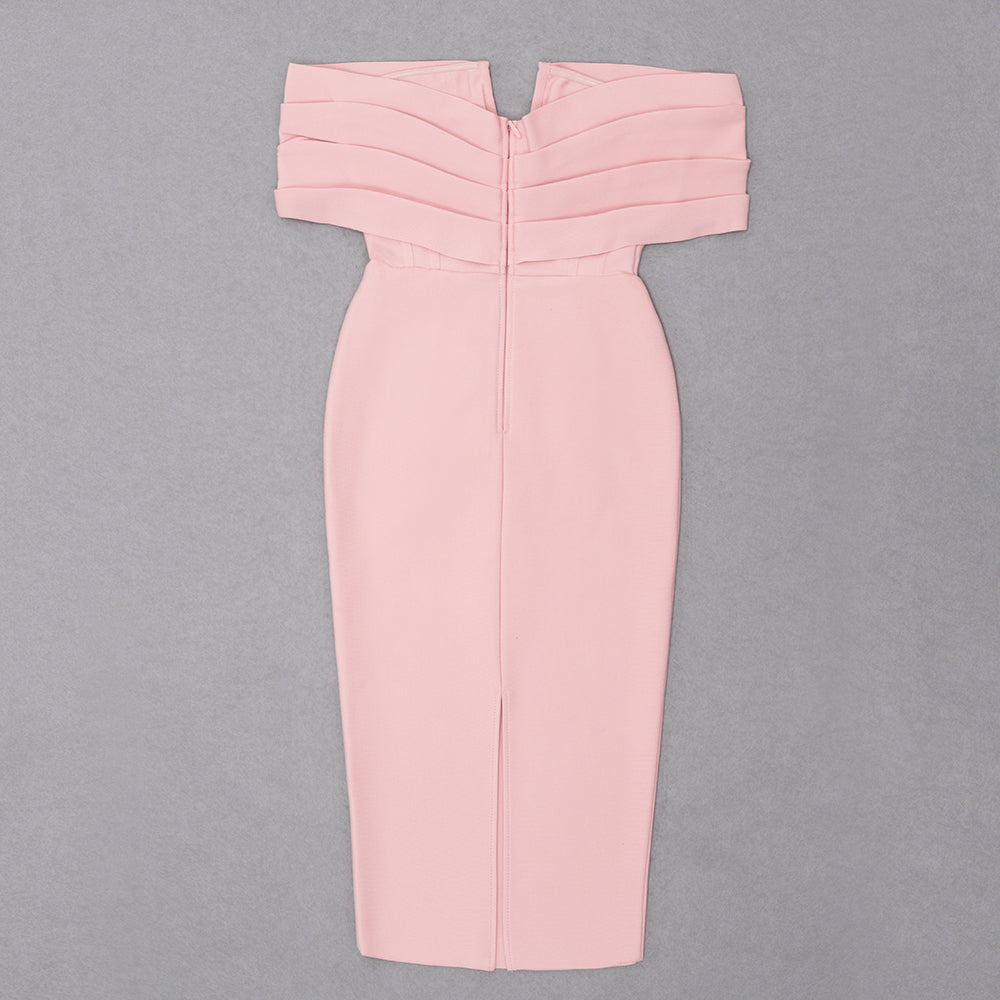 Draped Off Shoulder Structured Midi Dress Pink HV8586