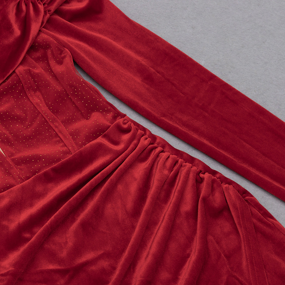 Long Sleeve Off Shoulder Draped Midi Velvet Dress HV8966