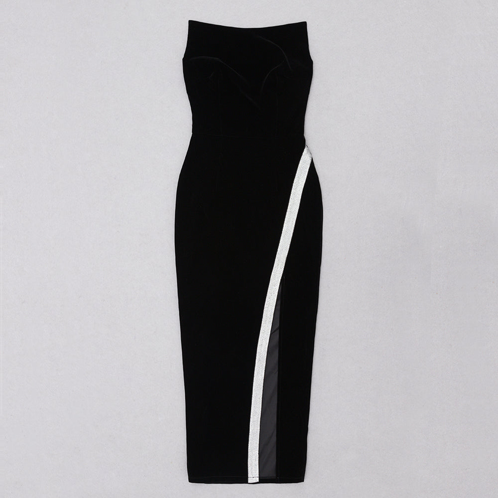 Strapless Silver Trim Midi Velvet Dress HV8881