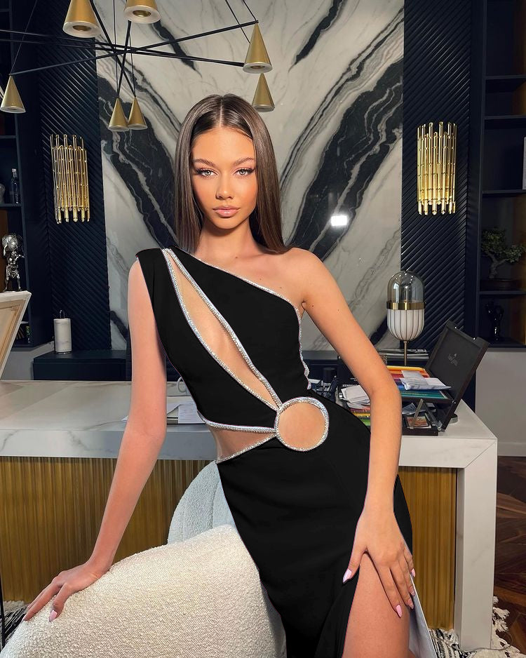 One Shoulder Rhinestone Trim Dress