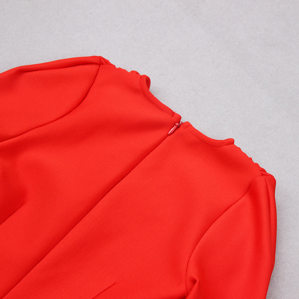 Long Sleeve Feather Hem Dress Red HV9038