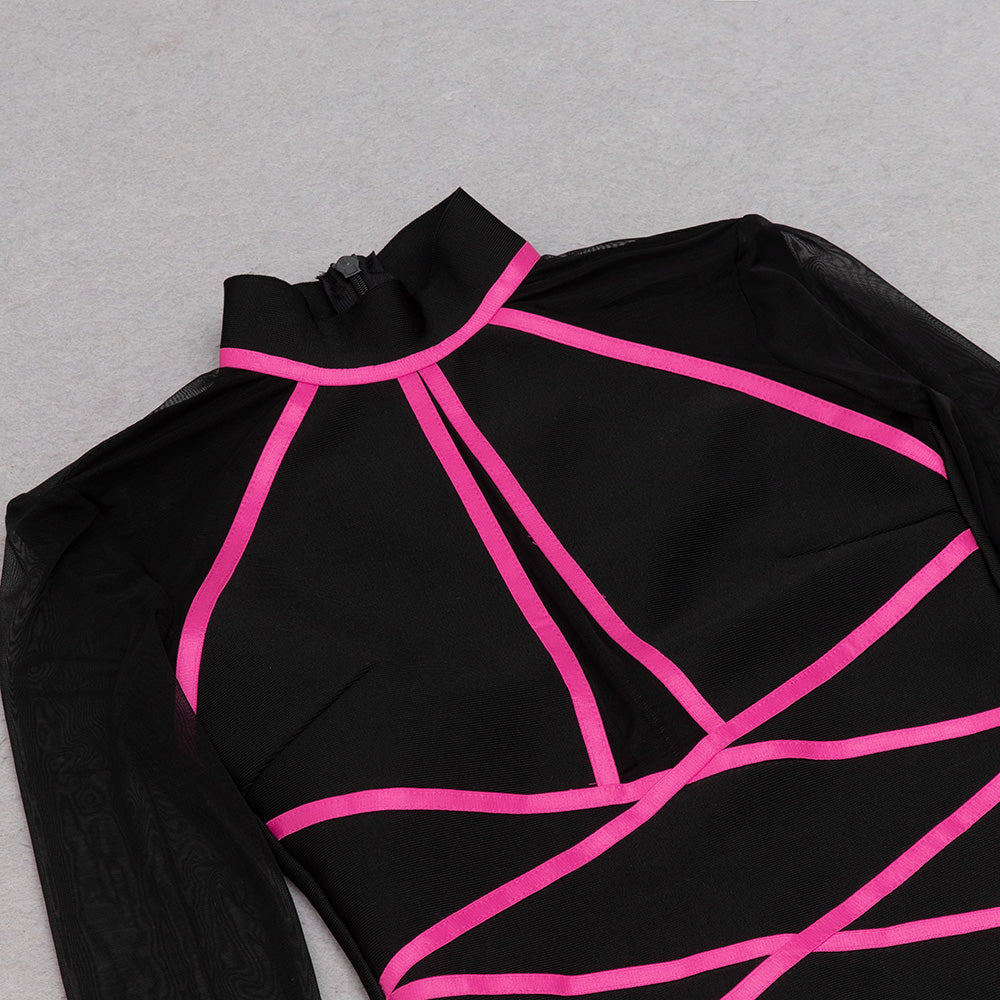 Long Sleeve Mesh Dress Black Hot Pink HV8994