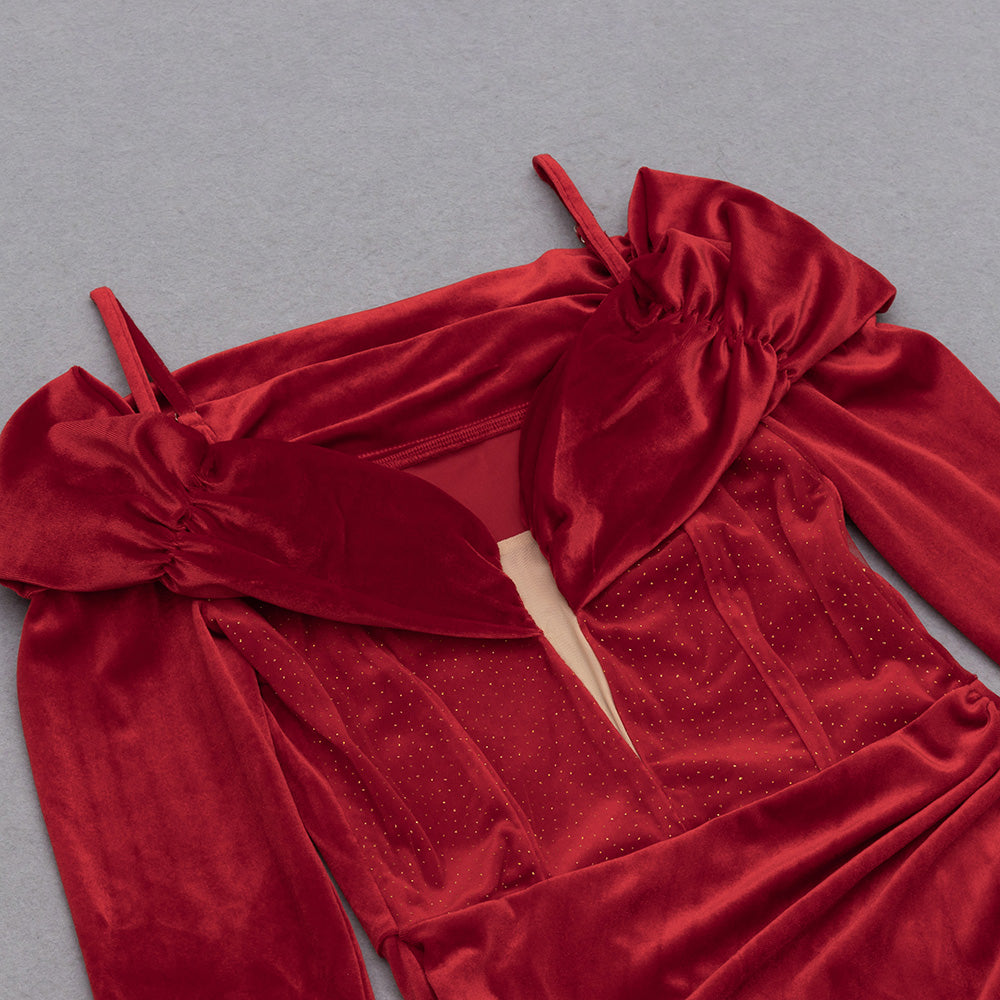 Long Sleeve Off Shoulder Draped Midi Velvet Dress HV8966