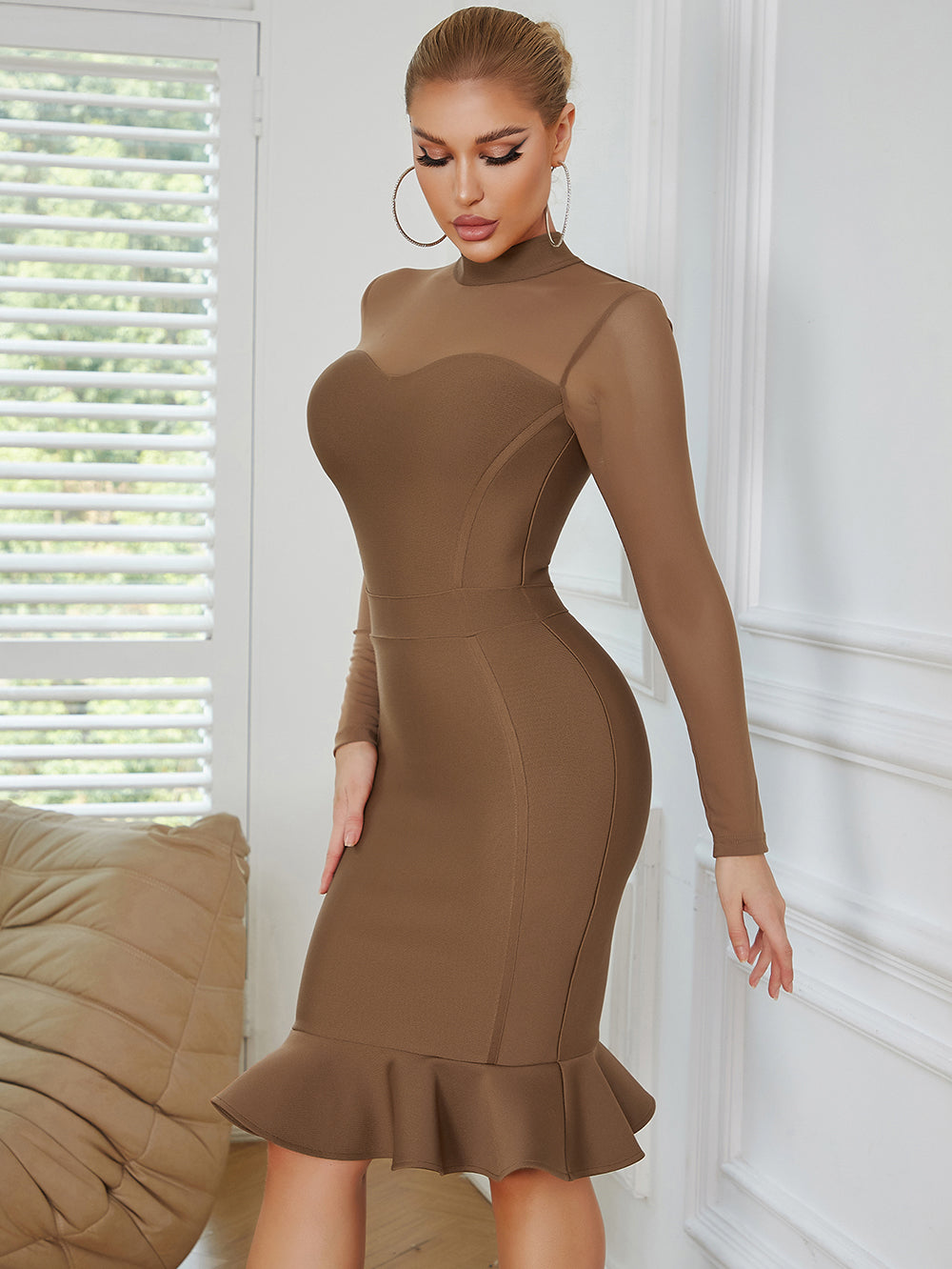 Mesh Long Sleeve Ruffle Midi Dress V9016