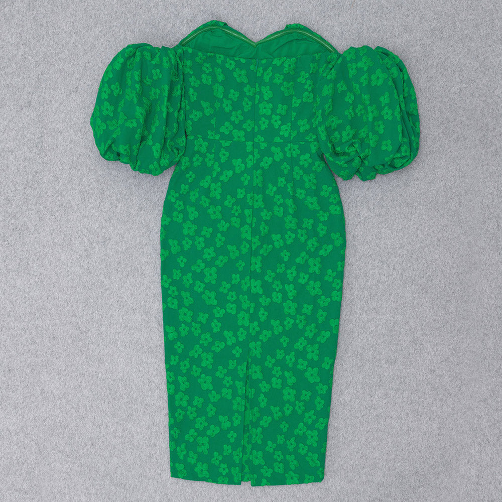 Floral Puff Sleeve Off Shoulder Dress Green HV8783