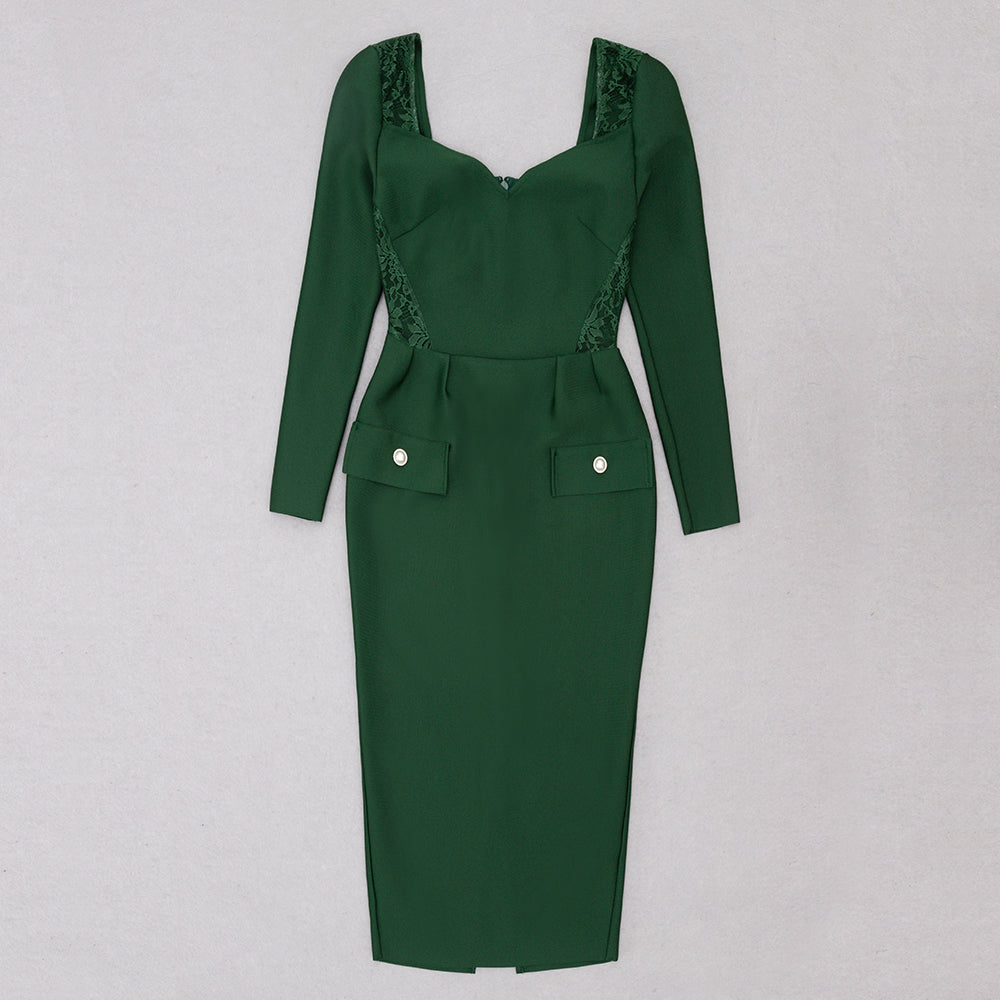 Long Sleeve Lace Insert Midi Dress HV8884