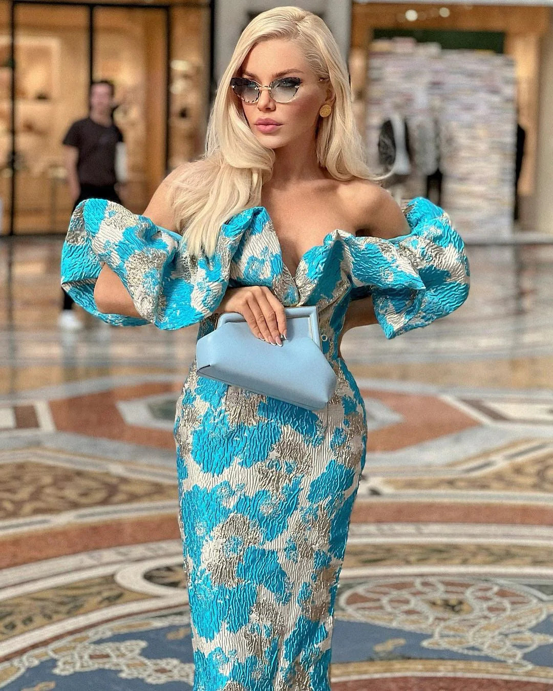 Puff Off The Shoulder Midi Dress Blue HV8487