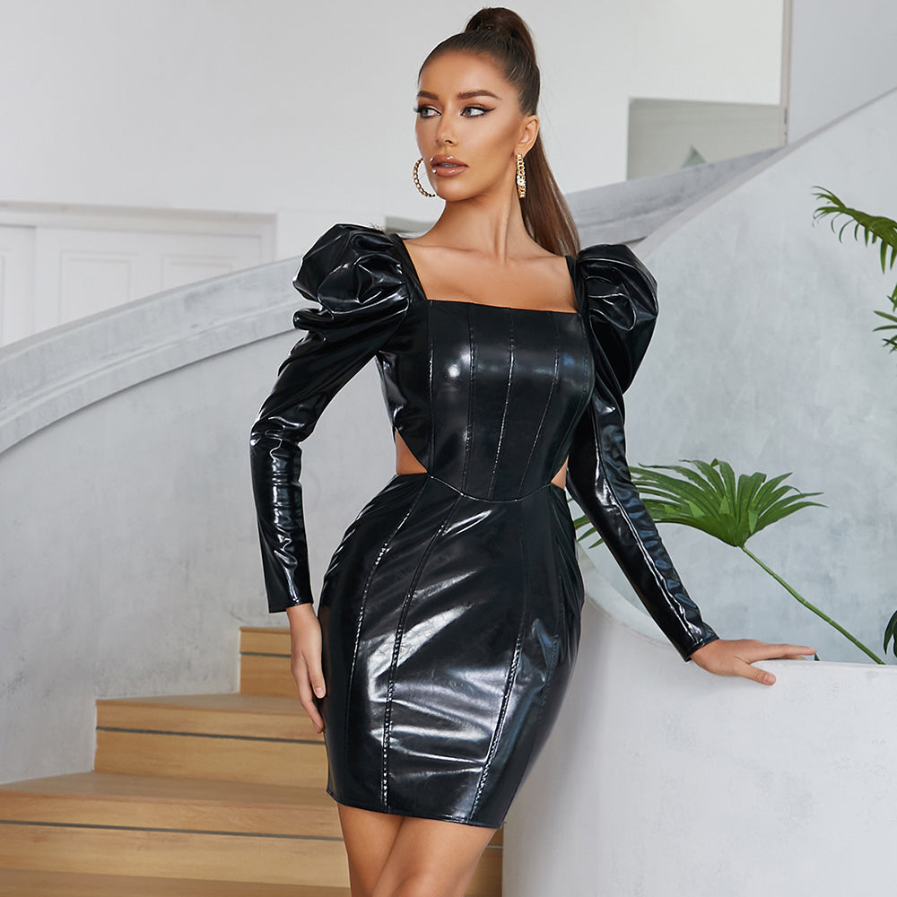 Puff Long Sleeve Faux Leather Dress HV9068