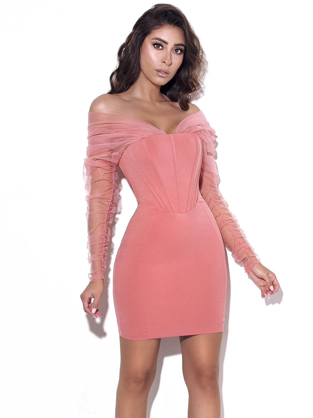 Draped Mesh Long Sleeve Structured Dress HV8650