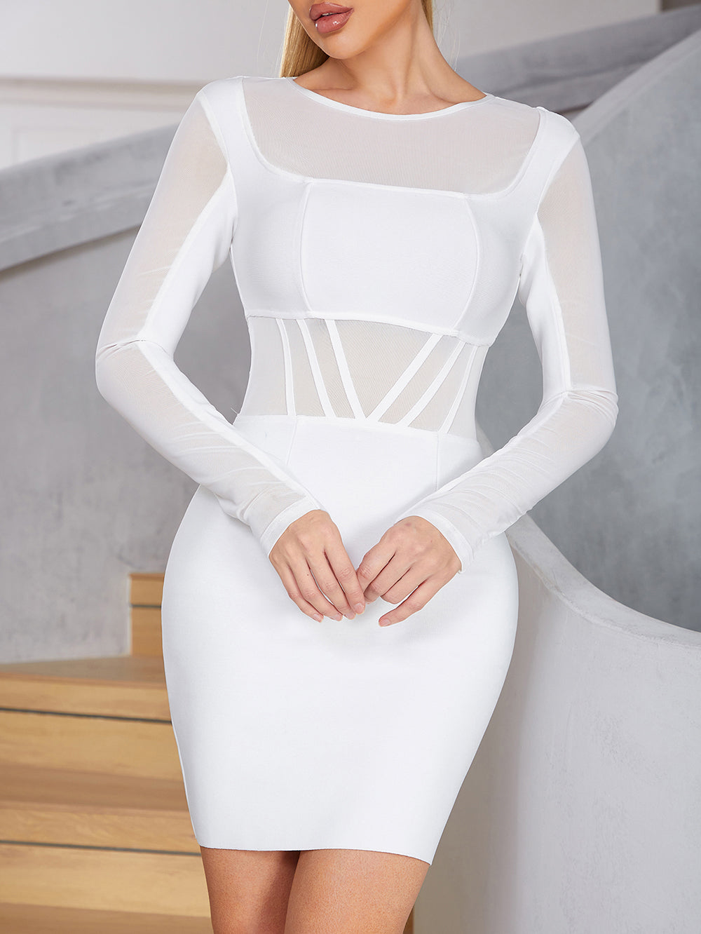 Long Sleeve Mesh Insert Dress HV8959