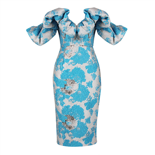 Puff Off The Shoulder Midi Dress Blue HV8487