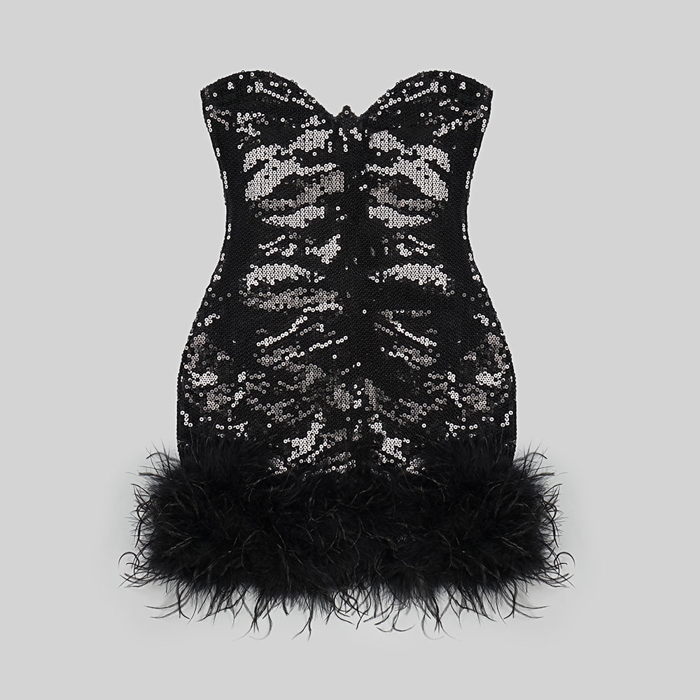 One Sleeve Sequin Feather Dress Black HV9078
