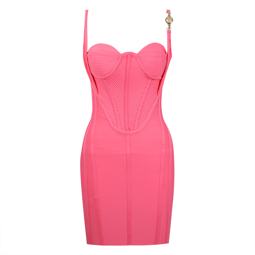 Ribbed Bustier Structured Dress Hot Pink HV8928B
