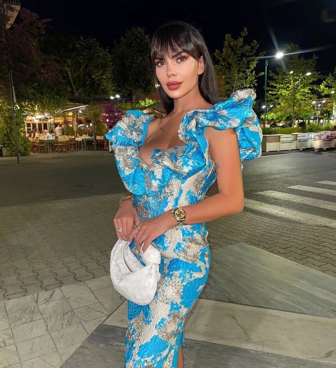 Puff Off The Shoulder Midi Dress Blue HV8487