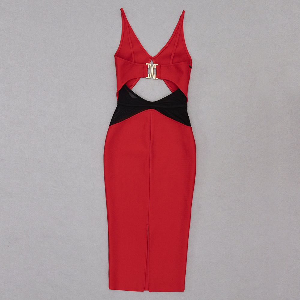 Mesh Insert Cut Out Midi Dress Red Black HV8716