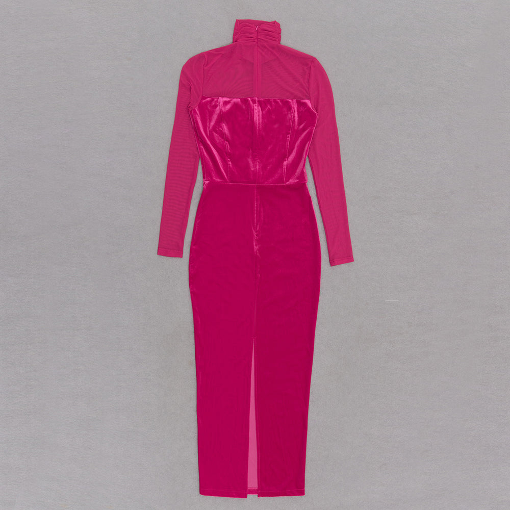 Mesh Long Sleeve Midi Velvet Dress HV9005