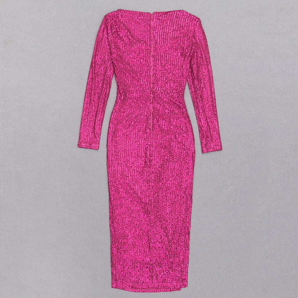 Long Sleeve Draped Sequined Midi Dress HV8960