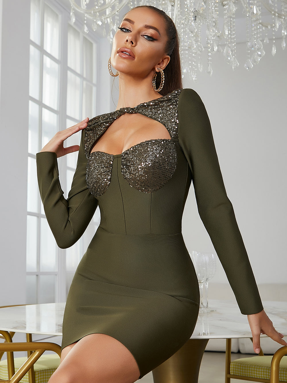Long Sleeve Sequin Bustier Dress HV9072