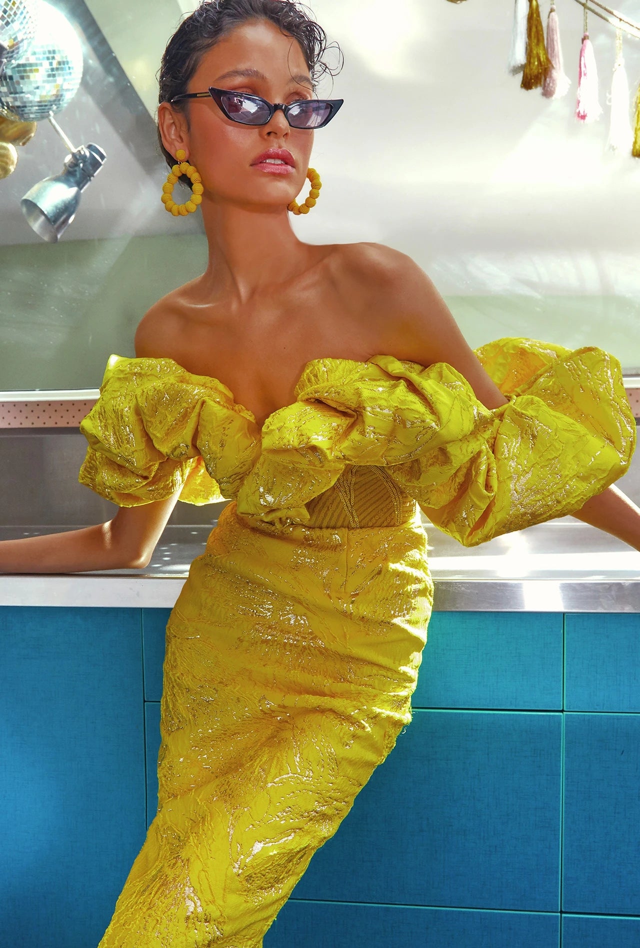 Puff Off Shoulder Corset Sparkly Midi Dress HV8489
